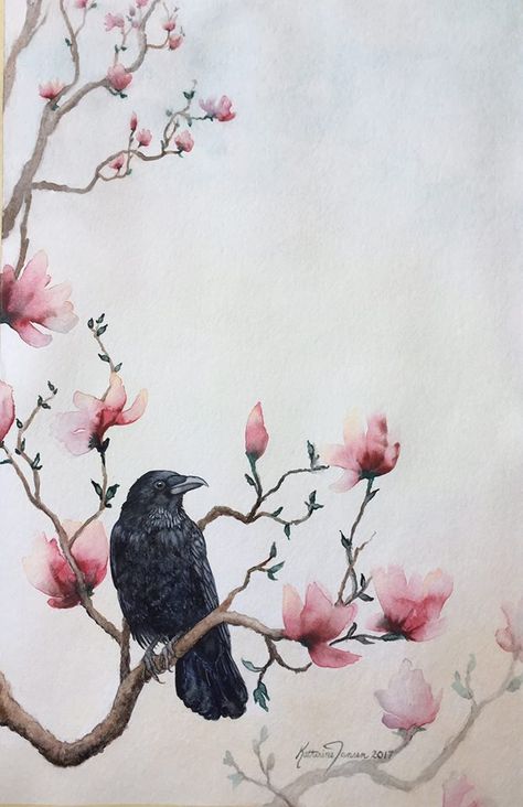 A Pretty Perch crow in the magnolia tree original watercolor painting by Katherine Jansen Watercolor Magnolia Tree, Chinese Magnolia Tattoo, Magnolia Branch Drawing, Watercolor Tree Branch, Bird On Tree Drawing, Magnolia Tree Tattoo Sleeve, Magnolia Tree Art, Japanese Magnolia Tattoo, Tree Branches Painting