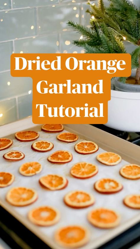 Dried Orange Garland Tutorial | Christmas diy, Christmas decorations, Christmas fun Yellow Christmas Decor, Dried Orange Garland, Garland Tutorial, Yellow Christmas, Parchment Paper Baking, Sharp Knife, Dried Oranges, Orange Garland, Baking Tray