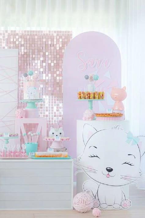 Don't miss this amazing cat-themed birthday party! Love the party decorations!! See more party ideas and share yours at CatchMyParty.com Cat Theme Birthday Backdrop, Cat Backdrop Party Ideas, Cat Themed Backdrop, Cat Decorations Party, Cat Birthday Decor, Cat Decorations Birthday, Princess Cat Birthday Party, Cat Theme Birthday Party, Cat Birthday Party Ideas