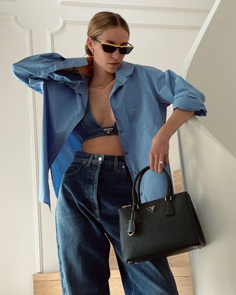 The Prada denim bralette of my dreams is finally available Prada Denim, Lady Outfits, Pernille Teisbaek, Top Street Style, Bralette Outfit, Pocket Blouse, Denim Crop Top, Office Outfits Women, All Jeans