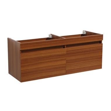 Fresca Mezzo 48" Teak Wall Hung Double Sink Modern Bathroom Cabinet Modern Sink Bathroom, Wood Bathroom Cabinets, Bathroom Vanities Without Tops, Modern Bathroom Cabinets, Floating Cabinets, Modern Sink, Modern Wall Hanging, Teak Wall, Bathroom Vanity Base