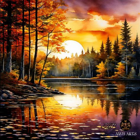 Step into the tranquil beauty of 'Twilight Reflection,' where the calm lake mirrors the vibrant hues of sunset amidst a serene forest backdrop. The shimmering highlights lend a touch of magic to the scene, inviting you to pause and find solace in the gentle interplay of light and shadow. How does this serene vista resonate with your moments of peace and reflection? #art #arte #forest #forestlake #lake #lakelife #sunset #watercolor #watercolour #painting #paintingsdaily #peace #artoftheday #ar... Forest Backdrop, Sunset Watercolor, Serene Forest, Reflection Art, Forest Backdrops, Picture Boards, Landscape Art Painting, Art Gold, The Calm