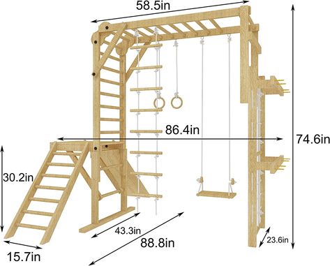 Amazon.com: Avenlur Indoor Jungle Gym Playground Wood PlaySet with Monkey Bars and Rope Wall Net, Toddler and Kids Adventure, Ladder, Climber, Slide, Ring Set Play Structure Ages 2 - 11 (Large, Natural Wood) : Toys & Games Playground Wood, Kids Play Area Indoor, Fort Plans, Kid Playground, Indoor Playset, Gym Playground, Indoor Jungle Gym, Indoor Play Equipment, Playground Slide