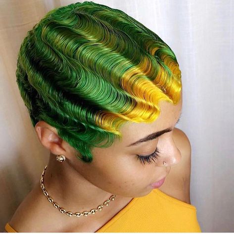 inger waves 🌊😍⁉ Green And Yellow Hair, Layered Pixie Cut, Finger Waves Short Hair, Finger Wave Hair, Finger Waves, Multicolored Hair, Hair Laid, Hair Shows, Yellow Hair