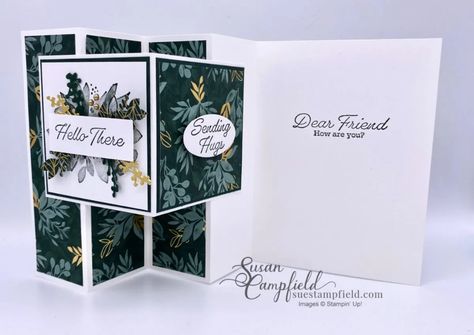 WV Fancy Fun Fold Card - Suestampfield Evening Evergreen Stampin Up Cards, Susan Stampfield Cards, Sue Stampfield Cards, Sue Campfield Cards, Susan Campfield Fun Fold, Susan Stampfield, Susan Campfield, Hug Images, Eden Garden