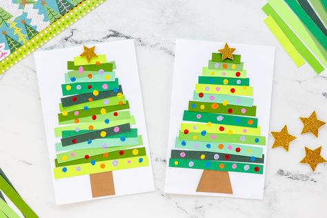 Kids will love to create this festive paper strip Christmas tree craft - all you need is simple materials such as paper, q-tips and paint to get started on this Christmas card they will love all winter long! Paper Strip Christmas Trees, Early Years Christmas Crafts, Toddler Christmas Tree, Paper Christmas Tree, Christmas Tree Painting, Faux Tree, Christmas Tree Crafts, Christmas Tree Cards, Easy Christmas Crafts