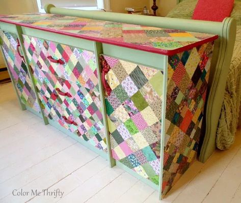 This decoupaged dresser makeover idea came to me after I created my decoupaged quilt squares pumpkin with some fabric quilt square lots that I found at a thrift store.I have tons of quilt squares and I’ve been looking for fun ways to use them. When this idea popped into my head at first I thought it was crazy.But, honestly, that has never stopped me from doing a project before… so why should this be any different.Actually, a crazy idea encourages me rather than discourages me. I love b… Decoupage Dresser Drawers, Diy Wallpaper Headboard, Decoupage Dresser, Ikea Dresser Makeover, Mannequin Decor, Diy Window Trim, Home Craft Room, Simple Bed Frame, Fabric Decoupage