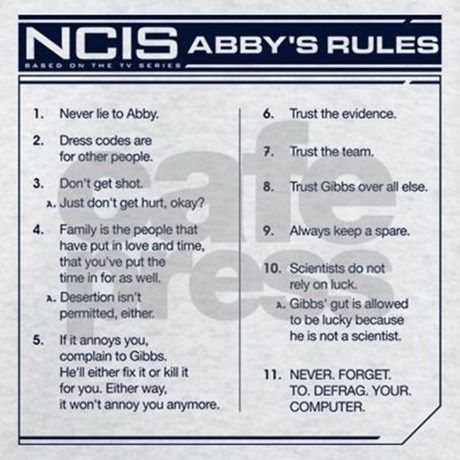 Abby's Rules :) Ncis Gibbs Rules Wallpaper, Ncis Gibbs Rules Quotes, Abby Sciuto Outfits Ncis, Abby Ncis Aesthetic, Gibbs Rules List, Gibbs Rules Ncis, Ncis Aesthetic, Ncis Quotes, Ncis Abby Sciuto