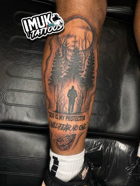 Calf Tattoo Men Ideas Inspiration, Leg Tattoo Men Meaningful, Mens Half Leg Sleeve Tattoo Ideas, Black Man Leg Tattoo, Inner Calf Tattoo Men, Inside Leg Tattoo Men, Inner Leg Tattoo For Men, Men Leg Tattoo Ideas Sleeve, Dope Men Tattoos