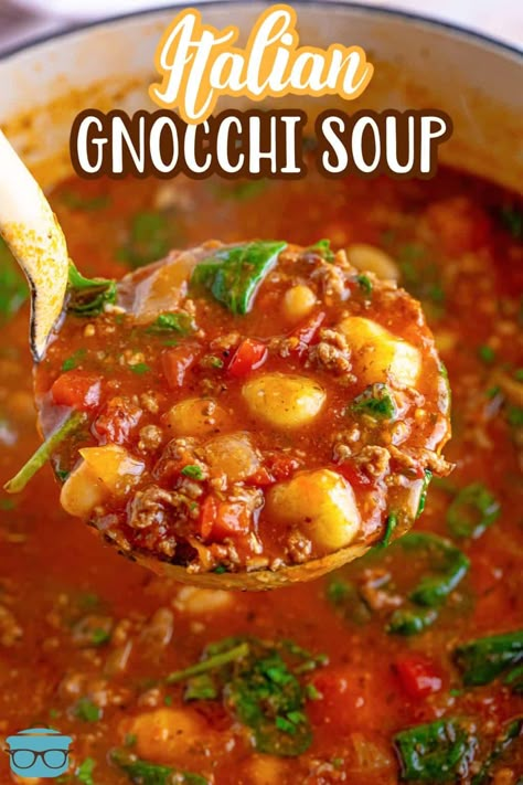 A ladle of Italian Gnocchi Soup over a pot of it. Italian Gnocchi Soup, Tomato Gnocchi Soup, Pizza Sauces, Italian Gnocchi, Gnocchi Recipes Soup, Stews Recipes, Pork Soup, Fall Soup, Pasta Fagioli