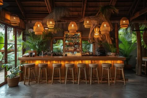 Tropical flavors cocktail bar with bamboo stools, tiki-style thatched roof, and exotic vacation vibes for a unique royalty free stock photo Tiki Bar Flooring, Tropical Rooftop Bar, Tropical Theme Bar, Bamboo Bar Design, Tropical Bar Design, Modern Tiki Bar, Tiki Bar Stools, Cafe Bar Counter, Bohemian Restaurant