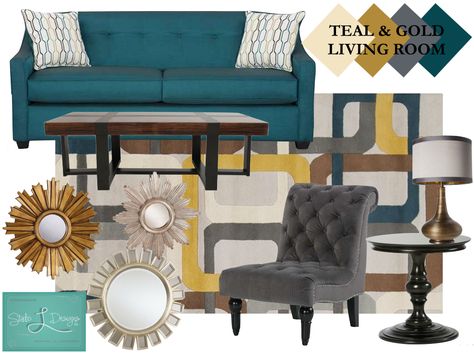 Teal gold & gray living room, Ethan Allen, AFW, Target. Benjamin Moore Paint Ivory Tusk, Tucson Teal, Tapestry Gold, Bullock Gray. Teal And Gold Living Room, Living Room Design Board, Teal Living Room Decor, Gray Living Room, Teal Living Rooms, Target Inspired Home Decor, Gold Living, Living Room Decor Gray, Gold Living Room