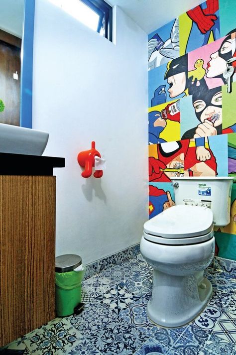 Kids Bathroom Décor Tips: 45 Decorating Ideas for a Child’s Bathroom Bright Colored Bathrooms, Pop Art Bathroom, Superhero Bathroom, Kid Bathroom Decor, Kid Bathroom, Decorating Bathroom, Boys Bathroom, Simple Bathroom, Art Bathroom