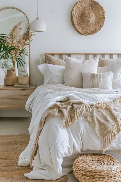 Coastal Bedroom Interior, Coastal Boho Interior, Coastal Boho Bedroom, Bedroom Interior Ideas, Boho Coastal Bedroom, Minimal Bedroom Ideas, Coastal Style Bedroom, Rattan Bed Frame, Boho Bedroom Design