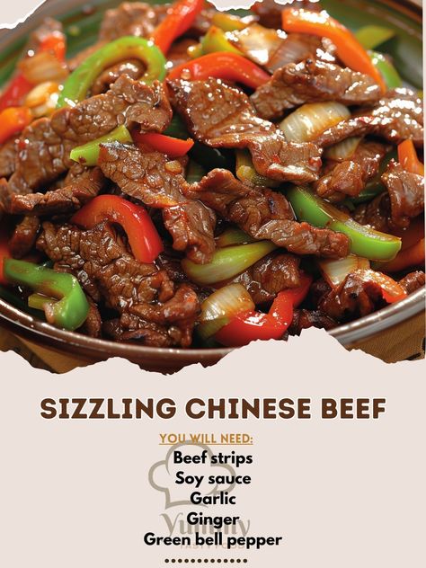 🥩 Sizzling Chinese Beef: Spicy, savory, and perfect for your next dinner. Stir-fry magic! #AsianCuisineAdventure Sizzling Chinese Beef Ingredients: Beef strips (1 lb (450g)) Soy sauce (1/4 cup (60ml)) Garlic, minced (1 tbsp (15ml)) Ginger, minced (1 tsp (5ml)) Green bell pepper, sliced (1/2 cup (75g)) Red bell pepper, sliced (1/2 cup (75g)) Onion, sliced (1 (150g)) Cornstarch (1 tbsp (8g)) Vegetable oil (2 tbsp (30ml)) Instructions: Marinate beef in soy sauce, garlic, ginger. Heat oil, st... Soy Sauce Garlic, Chinese Beef, Cozy Fall Recipes, Chinese Foods, Cornstarch Slurry, Beef Strips, Green Bell Pepper, Marinated Beef, Fried Beef