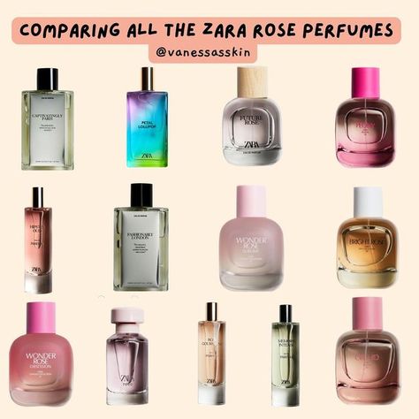 Vanessa L. on Instagram: "You guys seem to love my Zara perfume reviews and I LOVE roses so it only felt natural to put them together into a big all Zara rose perfumes review! This is probably the post that took the longest to make so I would really appreciate any extra support 🥹🌹 Have you tried any of these? Which ones most interest you? What are your favourite Zara perfumes? Let’s chat in the comments below ⬇️" Zara Rose Perfume, Zara Wonder Rose, Zara Fragrance, Zara Perfume, Love Roses, Perfume Collection Fragrance, Perfume Reviews, Rose Perfume, Love Rose