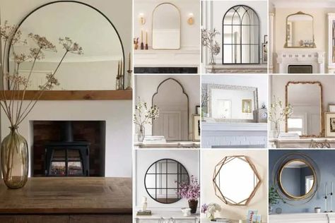 16 Styles Of Mirrors For Above The Fireplace - Restore Decor & More Fireplace Mirror Round, Mirror On Brick Fireplace, Arch Mirror Fireplace Mantles, Round Mirror Fireplace Mantle, Over Mantle Mirror Ideas, Leaning Mirror On Fireplace Mantle, Mirror Mantel Decorating Ideas, Above Fireplace Mirror, Mirror Over Fireplace Mantle Ideas