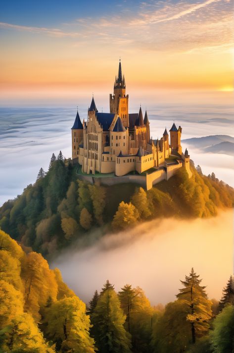 Experience the breathtaking beauty of Hohenzollern Castle in this stunning image. The golden sunrise illuminates the intricate neo-Gothic details of this mountaintop fortress, creating a truly magical scene. Gothic Details, Castle Bridge, Medieval Germany, Strong Tower, Hohenzollern Castle, German Castles, Golden Sunrise, Neo Gothic, Castle Aesthetic