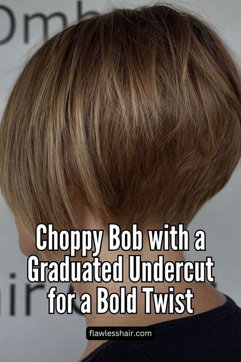 Choppy Bob With a Graduated Undercut Undercut Bob Haircut For Fine Hair, Hector Bellerin Hairstyle, Bob Hairstyles No Bangs, Graduated Bob Haircuts Short, Stacked Bob Haircut For Fine Hair, Hairstyles For Your Birthday, Hairstyles No Bangs, Hairstyle Volleyball, Short Graduated Bob