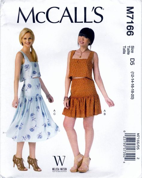 McCall's M7166 7166 Womens Misses Sewing Pattern Crop Top Dropped Waist Skirt Sizes 12-20 Maxi Skirt Sewing, Maxi Skirt Sewing Pattern, Sewing Patterns Skirt, Diy Skirts, Drop Waist Skirt, Vest Sewing Pattern, Skirt Sewing Pattern, Skirt Sewing, Patterned Crop Top