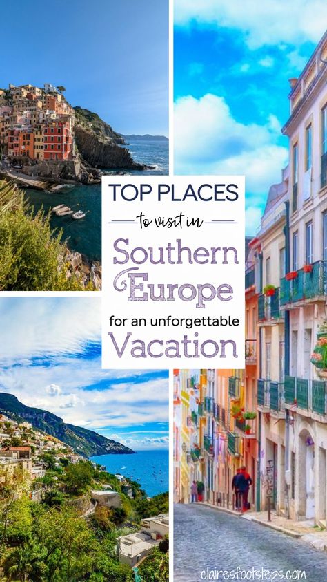 A collage of bright city streets, coastal cliffs, and picturesque European views, showcasing the top places to visit in Southern Europe for a vacation. Best European Vacations, European Bucket List, Places To Visit In Europe, Best Cities In Europe, European Itineraries, Southern Europe, Cities In Europe, Places In Europe, Europe Vacation