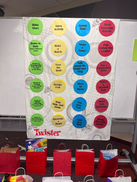 Twister Decoration Ideas, Twist And Turns Vbs 2023 Games, Vbs Twists And Turns Crafts, Vbs Game On Decorations, Board Game Vbs, Vbs Board Game Theme, Twists And Turns Vbs, Twist And Turns Vbs 2023 Decorations, Vbs 2023 Twists And Turns