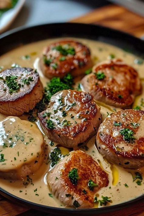 Mediterranean diet recipes | Tender Pork Medallions in Mustard Cream Sauce | Facebook 1 Lb Pork Tenderloin, Mustard Cream Sauce, Pork Medallions, Diced Onions, Pork Dishes, Mediterranean Diet Recipes, Pork Tenderloin, Cream Sauce, Mediterranean Diet