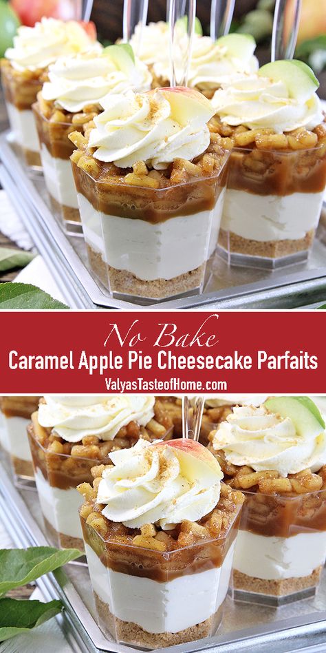 Baked Caramel Apples, Apple Pie Cheesecake, Dessert Cups Recipes, Mason Jar Desserts, Cheesecake Parfaits, Baked Caramel, Pie Cheesecake, Parfait Recipes, Apple Pie Filling