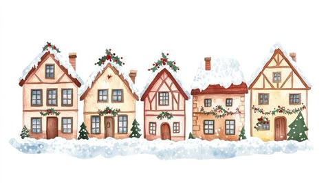 Christmas five houses illustration decoration christmas. | free image by rawpixel.com / Aew Christmas Town Illustration, Christmas Village Illustration, Cute Christmas Watercolor, Village Illustration, Houses Illustration, Tv Christmas, Aesthetic Holiday, Free Frames, Christmas Town