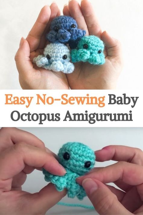 Crochet plushies Small Easy Crochet Amigurumi, How To Crochet Mini Octopus, Tiny Crochet Octopus, Crochet Tiny Octopus Free Pattern, Easy Tiny Crochet Projects, How To Crochet Mini Animals, Amigurumi Octopus Pattern, Quick Easy Amigurumi, Crochet Small Octopus