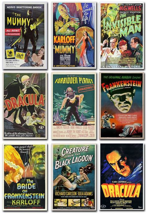 Frankenstein Vintage Poster, Old Movie Monsters, Pulp Art Horror Movie Posters, Old Monster Movie Posters, Vintage Monster Movie Posters, 1950s Horror Movie Poster, Universal Monsters Posters, Classic Monsters Vintage Horror, Old Horror Movie Aesthetic