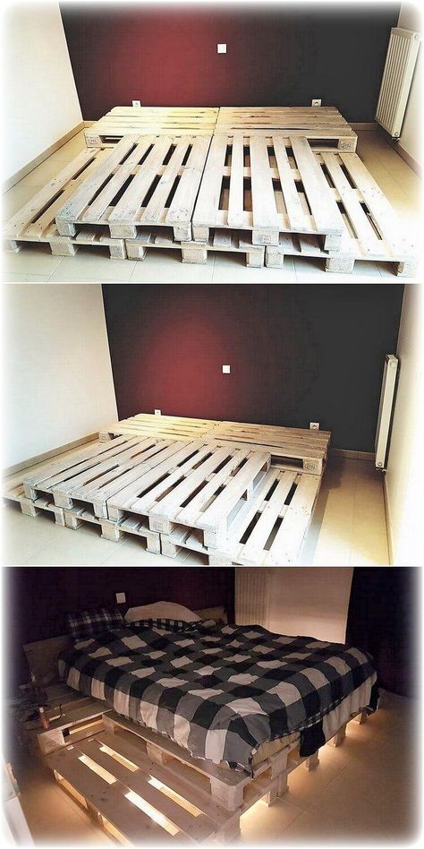 Full Pallet Bed Frame, Full Size Pallet Bed Diy, Palette Bed Ideas, King Size Pallet Bed Diy, Queen Size Pallet Bed Frame Diy, Diy Pallet Bed Ideas, Diy Seng, Palette Bed, Pallet Bed Frame Diy