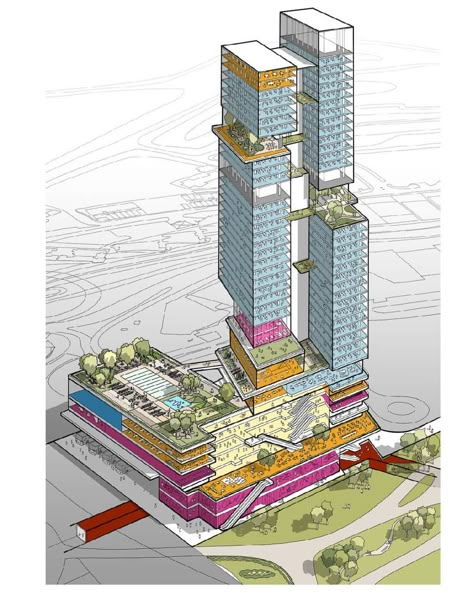 Highrise Architecture Concept, Vertical City Concept, Skyscraper Architecture Concept, Architectural Massing, Highrise Architecture, Towers Architecture, Skyscraper Design, Architecture Diagrams, Tower Architecture