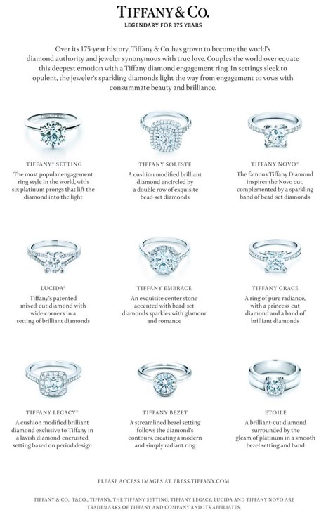 Everybody girl dreams of one day receiving a little blue box from Tiffany & Co. Here is a guide to their post popular engagement rings, letting you choose what fits best for you.  #engagementring #engagementseason #weddingring #diamondring Wedding Rings Engagement Tiffany, Tiffany Novo Engagement Ring, The Tiffany Setting Ring, Prong Setting Ring, Tiffany And Co Rings Engagement, Tiffany Soleste Engagement Ring, Tiffany Setting Ring, Wedding Band Tiffany, Tiffany Style Engagement Ring