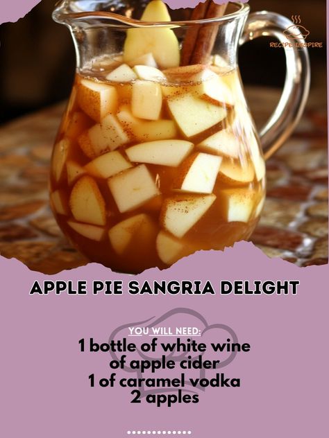 🍏✨ Indulge in the perfect fall treat with Apple Pie Sangria Delight! 🥧🍷 Apple Pie Sangria Delight Ingredients: - 1 bottle of white wine (750ml) - 1 cup of apple cider - 1/2 cup of caramel vodka - 2 apples, sliced - 1 pear, sliced - 1 cinnamon stick - 1/4 cup of caramel sauce Instructions: 1. In a pitcher, combine white wine, apple cider, and caramel vodka. 2. Add sliced apples, pear, and a cinnamon stick. 3. Chill in the fridge for at least 2 hours. 4. Drizzle caramel sauce before serving. ... Apple Pie Sangria, Cider Wine, Spiked Apple Cider, Caramel Vodka, Sliced Apples, Fall Treats, Apple Slices, Caramel Sauce, Sangria