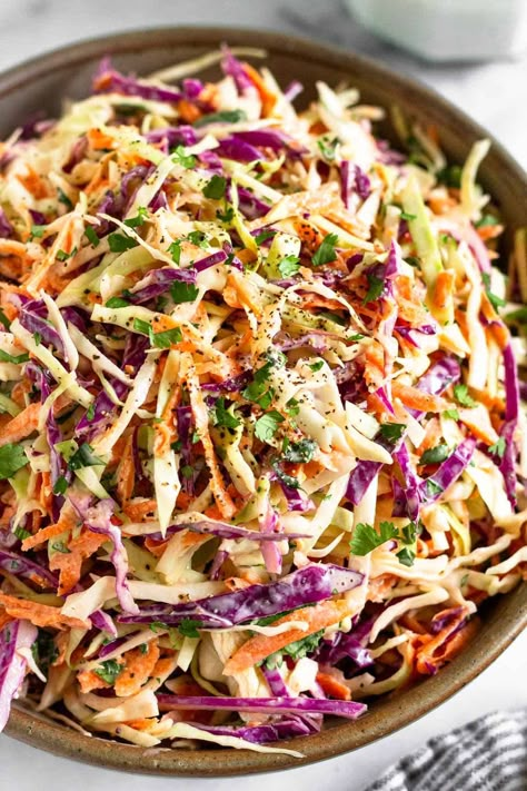 Healthy Coleslaw Recipe with Greek Yogurt - Eat the Gains Asian Slaw Dressing, Asian Coleslaw Recipe, Asian Slaw Recipe, Asian Cabbage Salad, Asian Quinoa, Cabbage Slaw Recipes, Asian Salad Dressing, Asian Coleslaw, Healthy Coleslaw