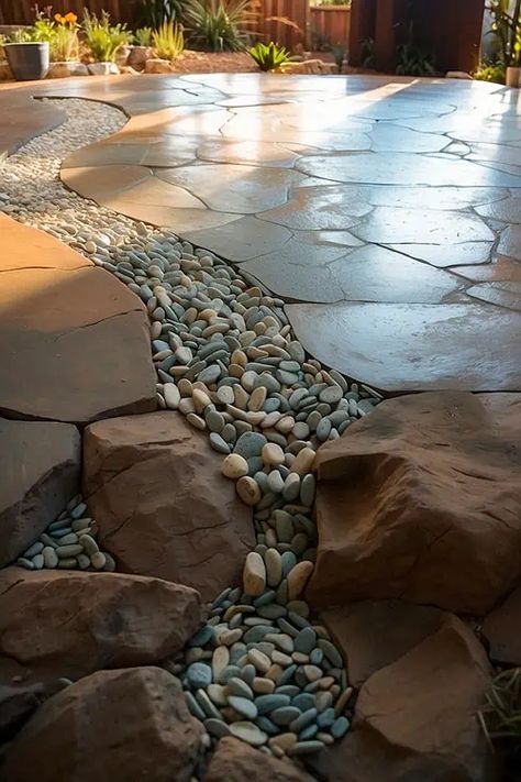 1.8.5-dry-river-bed-Picture-Perfect River Bed Landscaping Ideas, Dry River Bed Landscaping, River Bed Landscaping, Bed Landscaping Ideas, Yard Drainage System, Large Yard Landscaping, Dry River Bed, Yard Drainage, Rock Bed