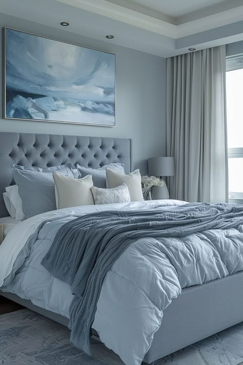 Pale Blue Bedrooms, Light Blue Bedroom, Calming Coastal, Blue Gray Bedroom, Karen Robinson, Blue Bedroom Design, Blue Bedroom Ideas, Themed Bedrooms, Airbnb Decor