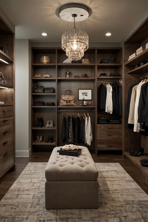 Transform your space into a luxurious walk-in closet featuring contemporary shelving and elegant lighting. The sleek design enhances organization and style, creating a modern sanctuary for your wardrobe. #ChicCloset #ModernDesign #WalkInCloset #HomeOrganization #InteriorDesign #SleekShelving #ElegantLighting #LuxuryLiving Dark Wood Closet Walk In, Modern Rustic Closet, Walk In Closet Ideas Men, Modern Farmhouse Master Closet, Modern Farmhouse Walk In Closet, Clothing Room Ideas, Master Closets Ideas, Build Closet In Bedroom, Luxury Dressing Room Beautiful Closets