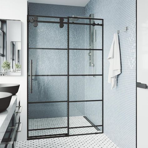 VIGO Elan 56 x 74 Frameless Sliding Shower Door in Matte Black with Handle-VG6041MBSCL5674 - The Home Depot Grid Shower Door, Black Shower Doors, Shower Door Installation, Frameless Sliding Shower Doors, Frameless Shower Door, Tub Doors, Power Clean, Frameless Shower Doors, Sliding Shower Door