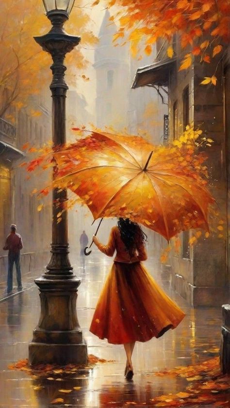 Umbrella Art Painting, Umbrella Painting, Rain Fall, Umbrella Art, Beautiful Art Paintings, Landscape Art Painting, Autumn Scenes, Art Gallery Wallpaper, Autumn Scenery