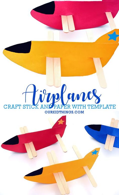 Paper and Craft Stick Airplanes #kidscraft #kidcrafts #airplanecraft #printable Airplane Craft Kindergarten, Airplane Craft, Transportation Theme Preschool, Plane Crafts, Crafts Summer, Transportation For Kids, Airplane Crafts, Transportation Crafts, Hanging Craft Ideas