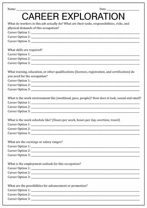 Financial Literacy For College Students, Career Exploration Worksheet High School, Career Exploration Activities Middle School, Career Interest Inventory High School, Career Interest Survey, Career Worksheets For Middle School, Career Investigation Middle School, Career Planning Template, High School Career Exploration