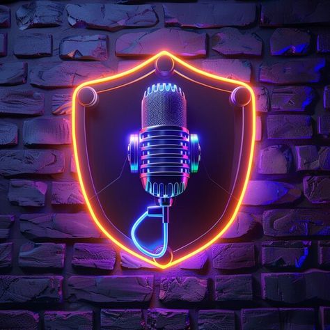 Photo microphone with shield design in n... | Premium Photo #Freepik #photo Microphone Background, Radio Microphone Illustration, Neon Microphone, Microphone Images, Microphone Gaming, Shield Design, Music Wallpaper, Neon Colors, Neon