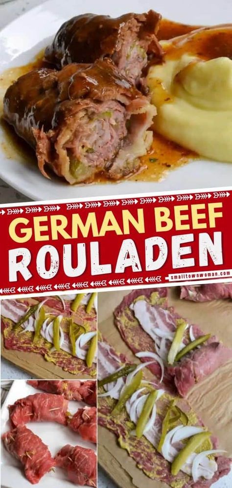 Beef Rouladen Recipe, Bacon Pickles, Rouladen Recipe, Beef Rouladen, Round Steak Recipes, German Food Authentic, Spicy Brown Mustard, Round Steak, Brown Mustard