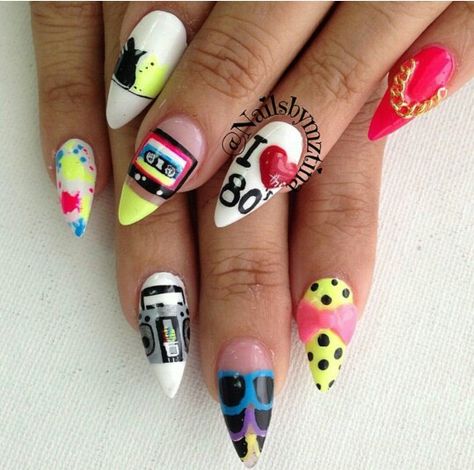 Everything 80s 80s Theme Nail Designs, 80s Nail Ideas, 80 Nails 80's, 80s Theme Nails, 90s Style Nails, 80s Nails Designs, 80s Nails 1980s, 80s Inspired Nails, 80’s Nails