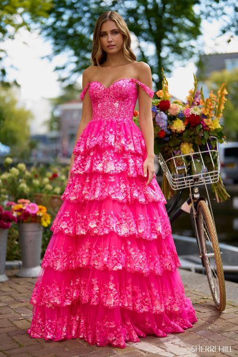 Buy dress style № 56196 designed by SherriHill Lace Prom Gown, Sequin Ball Gown, Sherri Hill Prom, Off Shoulder Gown, Lace Evening Gowns, Sherri Hill Prom Dresses, Prom Long, Pink Prom, Cute Prom Dresses