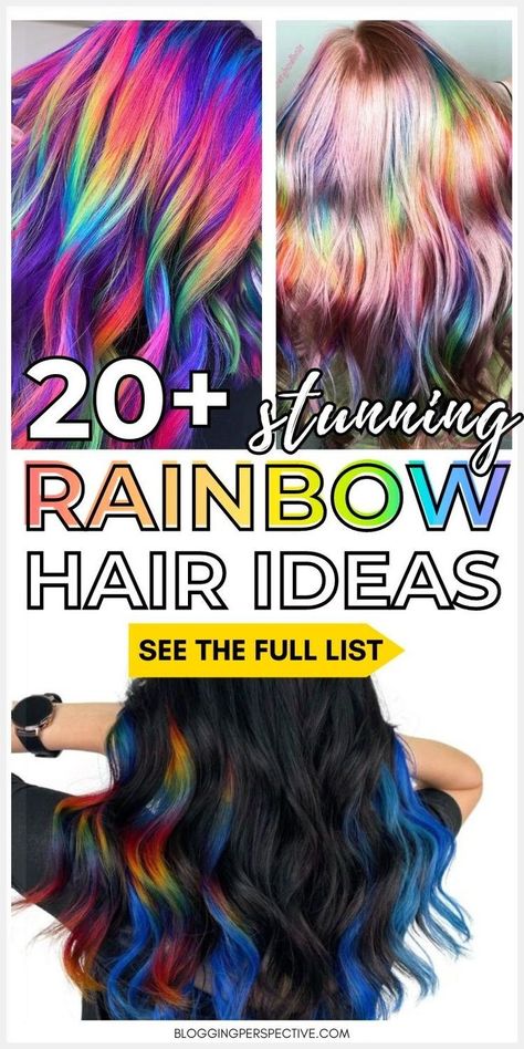 Get ready to unleash your creativity with these 20+ imaginative rainbow hairstyles. Featuring everything from multi-colored mermaid locks to hidden rainbow hair underneath, these styles redefine bright hair colors. Learn how to incorporate rainbow hair highlights seamlessly into your style. For all the fabulous looks and how-tos, check out these rainbow hair color ideas! Oil Slick Rainbow Hair, Rainbow Panel Hair, Partial Vivid Hair, Glitter Streaks In Hair, Wild Hair Color Ideas, Vivid Hair Color Placement, Fantasy Hair Color Ideas, Rainbow Hair Underneath, Northern Lights Hair