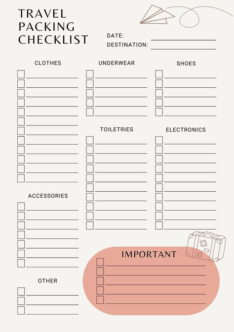 Printable travel packing checklists and worksheets to help you prepare for your next #Organisation #Holiday_Suitcase_Packing_Lists #Travel_Packing_List_Template #Travel_Checklist_Template Holiday List Packing Travel Checklist, Travel Checklist Template, Travel Packing List Template, Pack List For Travel, List For Traveling Packing, Trip Checklist Travel Packing, Printable Packing List For Vacation, Travel List Packing, Blank Packing List