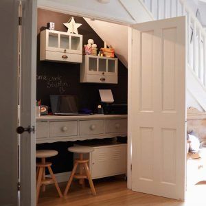 Hidden Workspace: 5 Ideas for Your Under Stair Home Office Hidden Workspace, Under Stairs Office, Desk Under Stairs, Office Under Stairs, Stairs Office, Granny Chic Decor, Stair Shelves, Under Stair, Curved Furniture